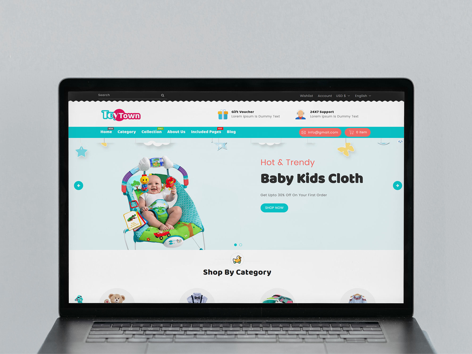 Toy Website homepage laptop mockup image